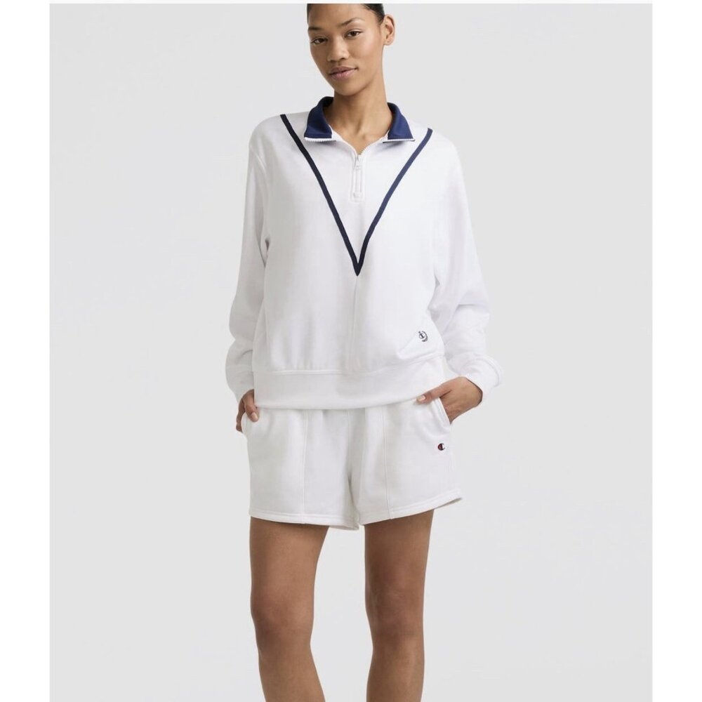 Champion Womens Sz L Quarter Zip Sweatshirt And Shorts Set Yearbook White & Navy